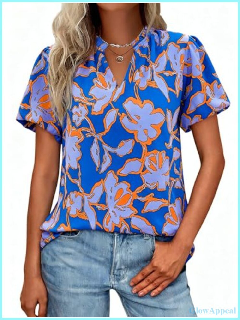 Chiffon Floral Boho Short Sleeve Blouse Women Dressy Casual V-Neck Puff Sleeve